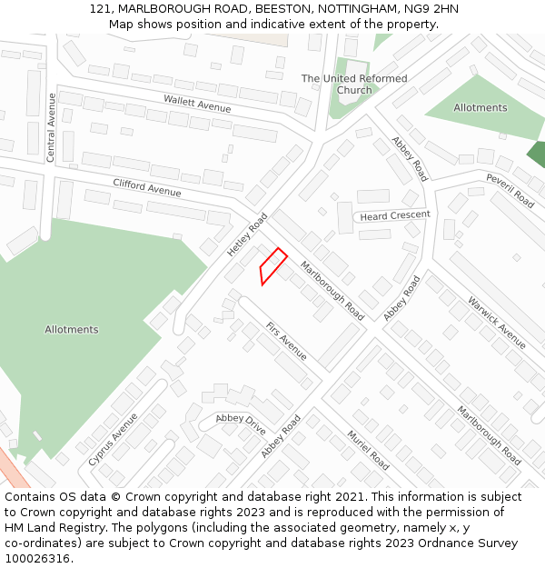 121, MARLBOROUGH ROAD, BEESTON, NOTTINGHAM, NG9 2HN: Location map and indicative extent of plot