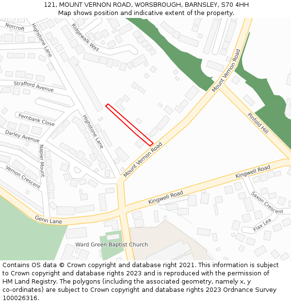 121, MOUNT VERNON ROAD, WORSBROUGH, BARNSLEY, S70 4HH: Location map and indicative extent of plot