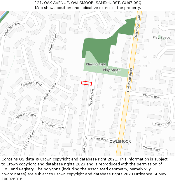121, OAK AVENUE, OWLSMOOR, SANDHURST, GU47 0SQ: Location map and indicative extent of plot