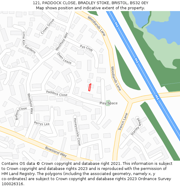 121, PADDOCK CLOSE, BRADLEY STOKE, BRISTOL, BS32 0EY: Location map and indicative extent of plot