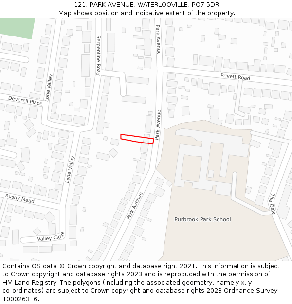 121, PARK AVENUE, WATERLOOVILLE, PO7 5DR: Location map and indicative extent of plot