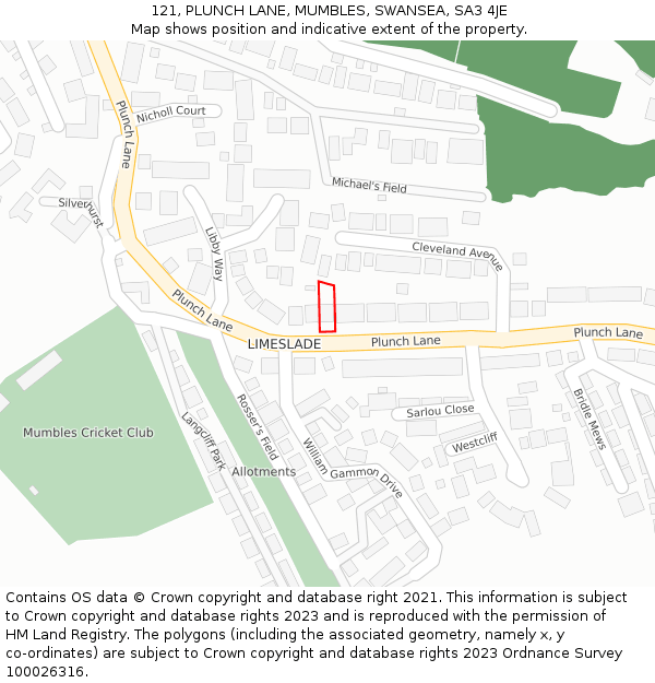 121, PLUNCH LANE, MUMBLES, SWANSEA, SA3 4JE: Location map and indicative extent of plot