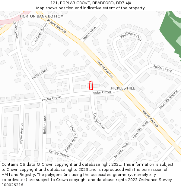 121, POPLAR GROVE, BRADFORD, BD7 4JX: Location map and indicative extent of plot