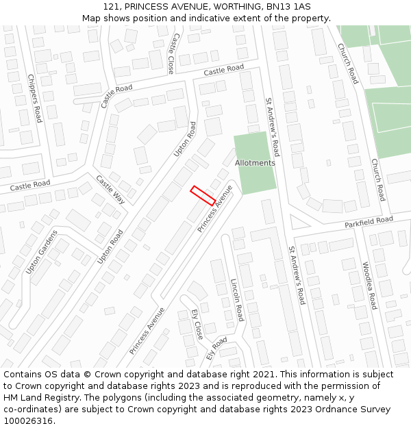 121, PRINCESS AVENUE, WORTHING, BN13 1AS: Location map and indicative extent of plot