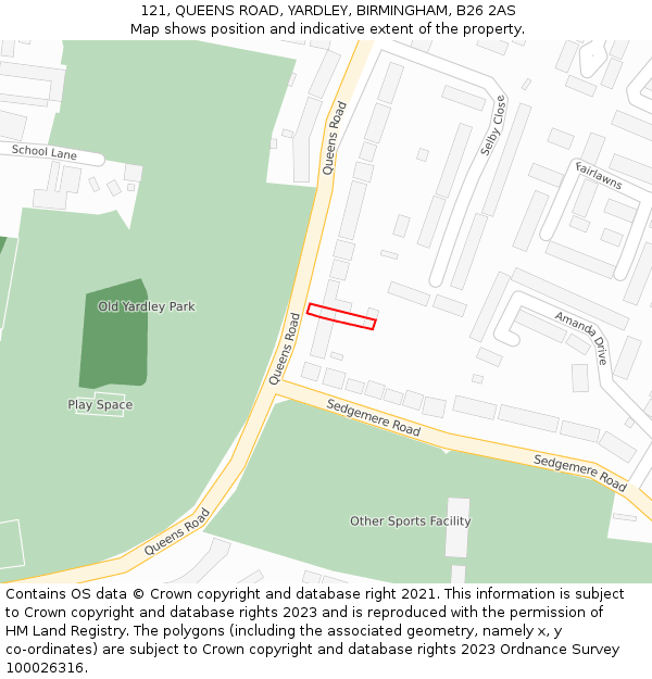 121, QUEENS ROAD, YARDLEY, BIRMINGHAM, B26 2AS: Location map and indicative extent of plot