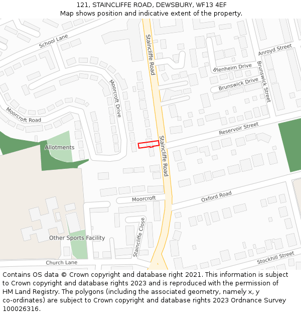 121, STAINCLIFFE ROAD, DEWSBURY, WF13 4EF: Location map and indicative extent of plot