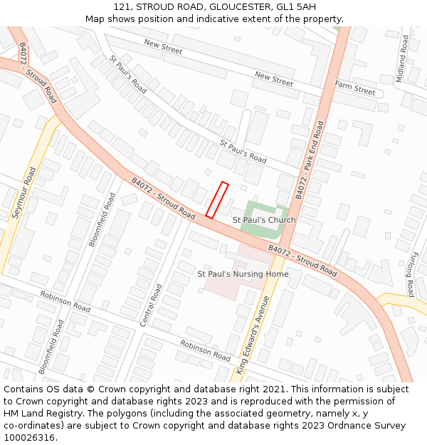 121, STROUD ROAD, GLOUCESTER, GL1 5AH: Location map and indicative extent of plot