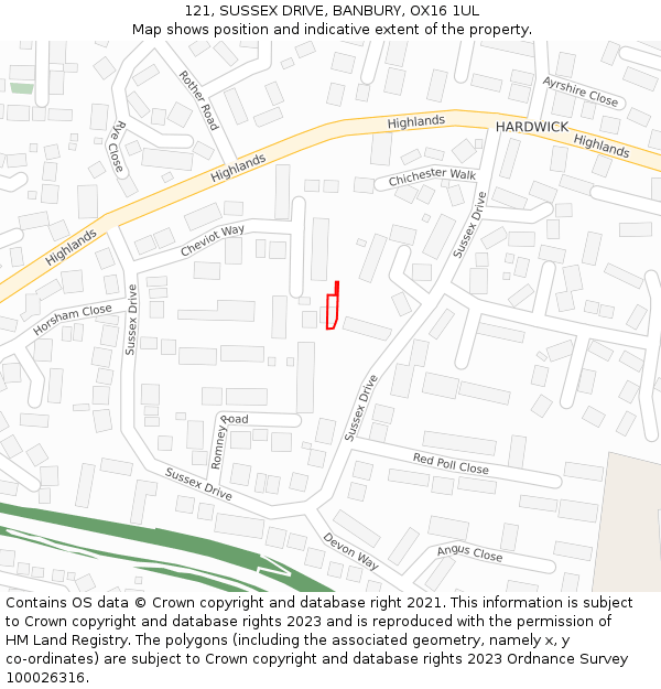 121, SUSSEX DRIVE, BANBURY, OX16 1UL: Location map and indicative extent of plot