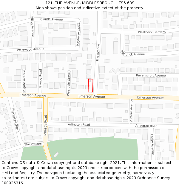 121, THE AVENUE, MIDDLESBROUGH, TS5 6RS: Location map and indicative extent of plot