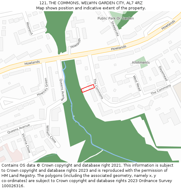 121, THE COMMONS, WELWYN GARDEN CITY, AL7 4RZ: Location map and indicative extent of plot