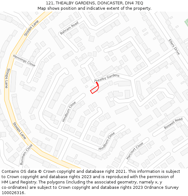 121, THEALBY GARDENS, DONCASTER, DN4 7EQ: Location map and indicative extent of plot