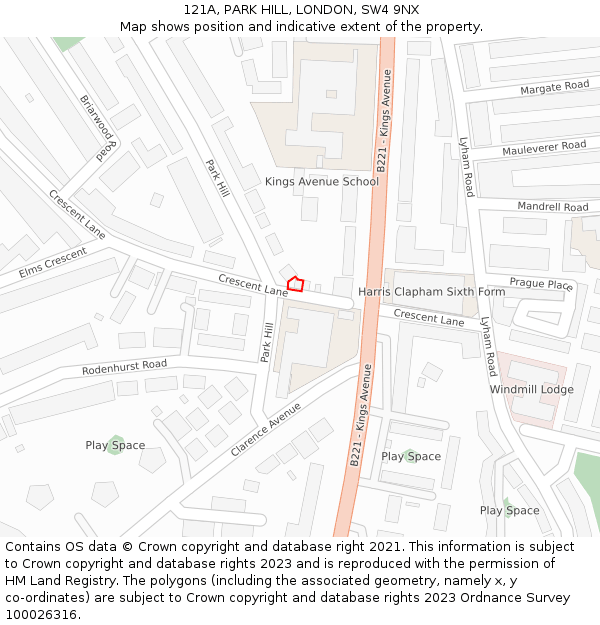 121A, PARK HILL, LONDON, SW4 9NX: Location map and indicative extent of plot