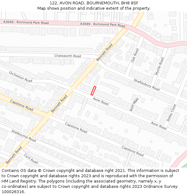 122, AVON ROAD, BOURNEMOUTH, BH8 8SF: Location map and indicative extent of plot