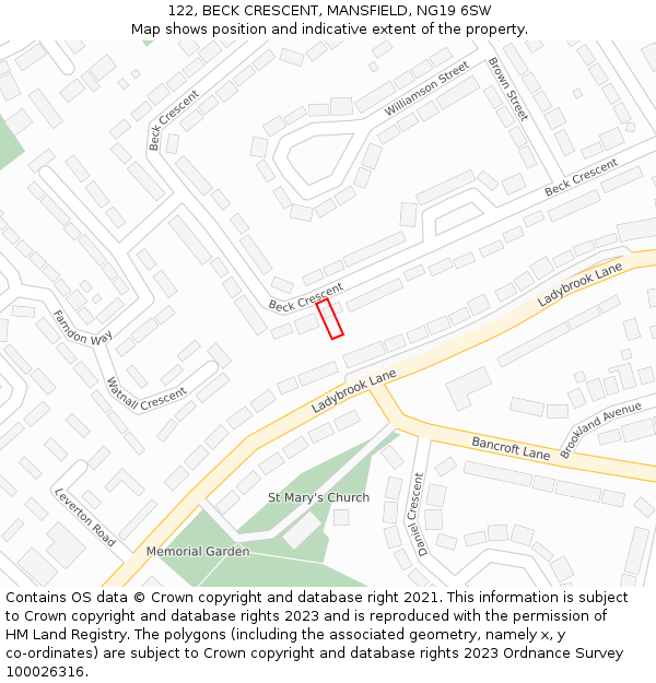 122, BECK CRESCENT, MANSFIELD, NG19 6SW: Location map and indicative extent of plot