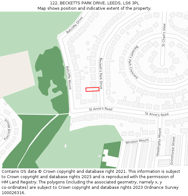 122, BECKETTS PARK DRIVE, LEEDS, LS6 3PL: Location map and indicative extent of plot