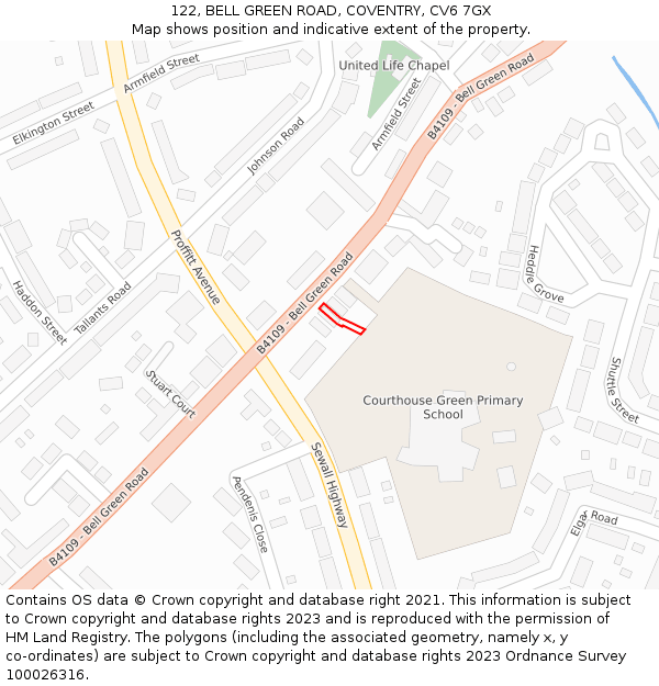 122, BELL GREEN ROAD, COVENTRY, CV6 7GX: Location map and indicative extent of plot