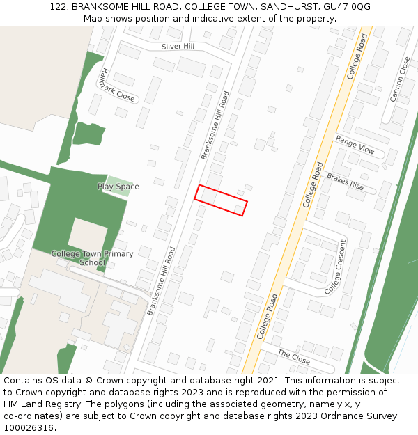 122, BRANKSOME HILL ROAD, COLLEGE TOWN, SANDHURST, GU47 0QG: Location map and indicative extent of plot