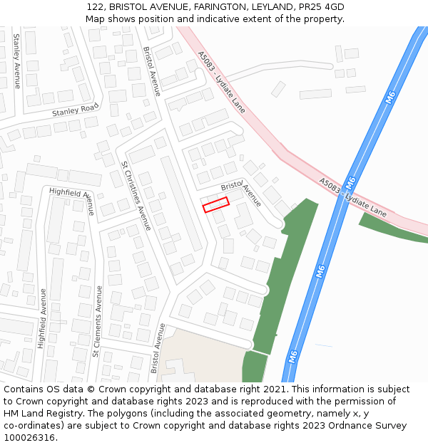 122, BRISTOL AVENUE, FARINGTON, LEYLAND, PR25 4GD: Location map and indicative extent of plot