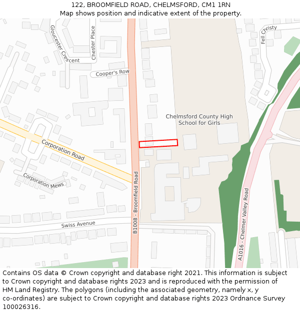 122, BROOMFIELD ROAD, CHELMSFORD, CM1 1RN: Location map and indicative extent of plot