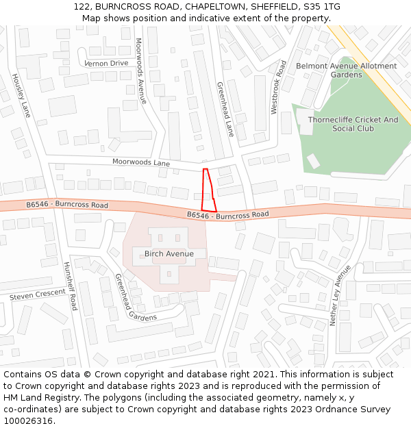 122, BURNCROSS ROAD, CHAPELTOWN, SHEFFIELD, S35 1TG: Location map and indicative extent of plot