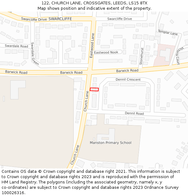 122, CHURCH LANE, CROSSGATES, LEEDS, LS15 8TX: Location map and indicative extent of plot