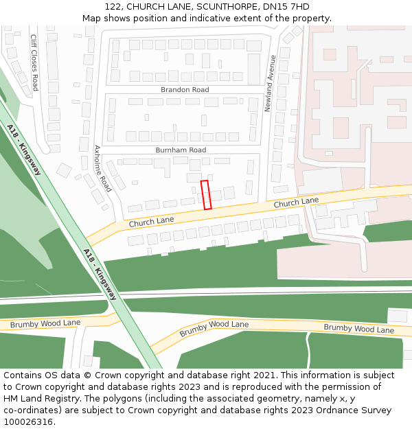 122, CHURCH LANE, SCUNTHORPE, DN15 7HD: Location map and indicative extent of plot