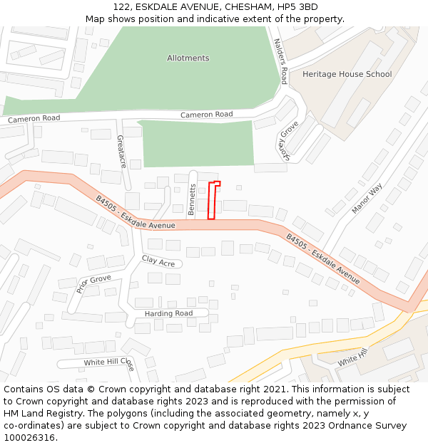 122, ESKDALE AVENUE, CHESHAM, HP5 3BD: Location map and indicative extent of plot