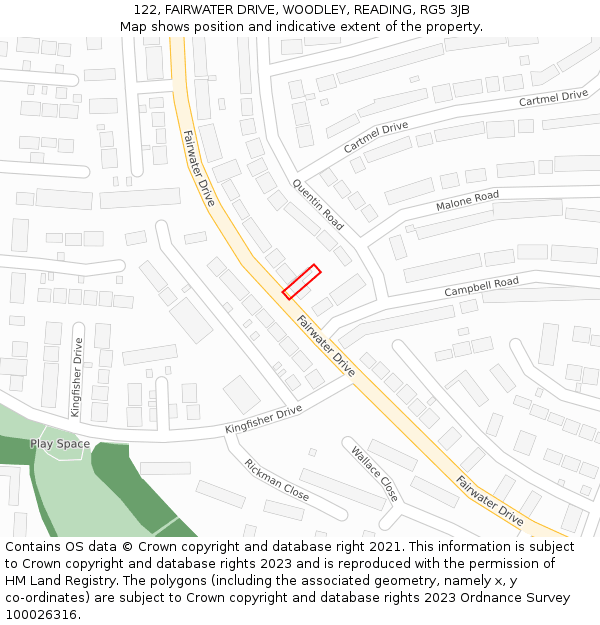 122, FAIRWATER DRIVE, WOODLEY, READING, RG5 3JB: Location map and indicative extent of plot