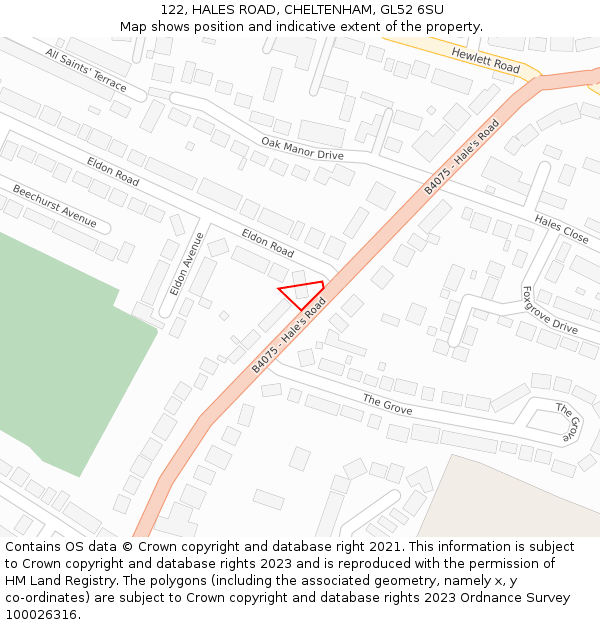 122, HALES ROAD, CHELTENHAM, GL52 6SU: Location map and indicative extent of plot