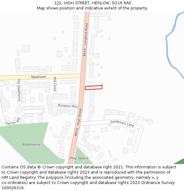 122, HIGH STREET, HENLOW, SG16 6AE: Location map and indicative extent of plot