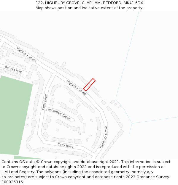 122, HIGHBURY GROVE, CLAPHAM, BEDFORD, MK41 6DX: Location map and indicative extent of plot