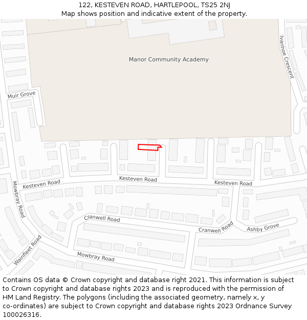 122, KESTEVEN ROAD, HARTLEPOOL, TS25 2NJ: Location map and indicative extent of plot
