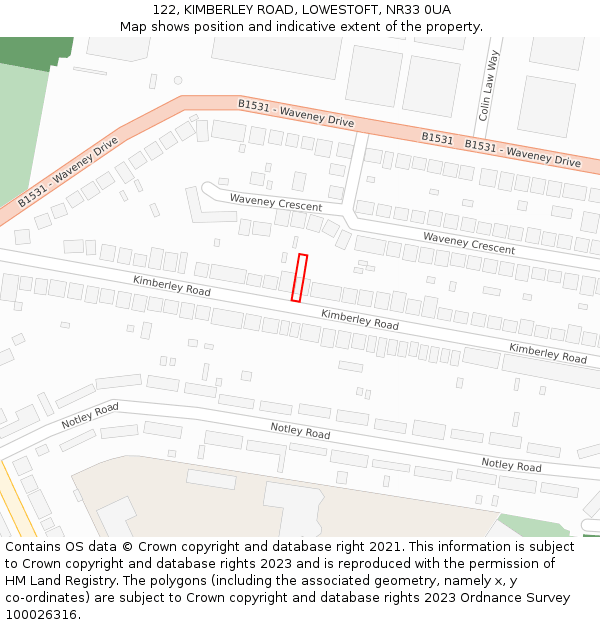 122, KIMBERLEY ROAD, LOWESTOFT, NR33 0UA: Location map and indicative extent of plot