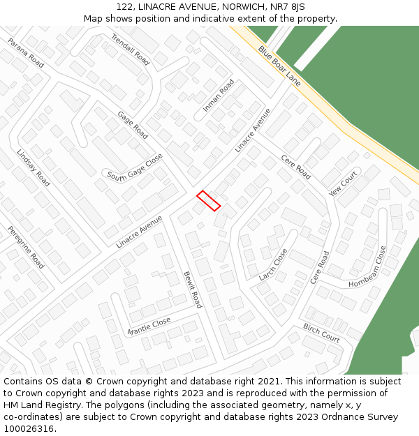122, LINACRE AVENUE, NORWICH, NR7 8JS: Location map and indicative extent of plot