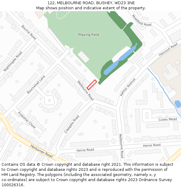 122, MELBOURNE ROAD, BUSHEY, WD23 3NE: Location map and indicative extent of plot