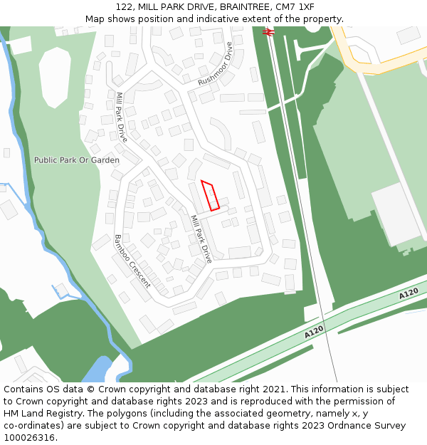 122, MILL PARK DRIVE, BRAINTREE, CM7 1XF: Location map and indicative extent of plot
