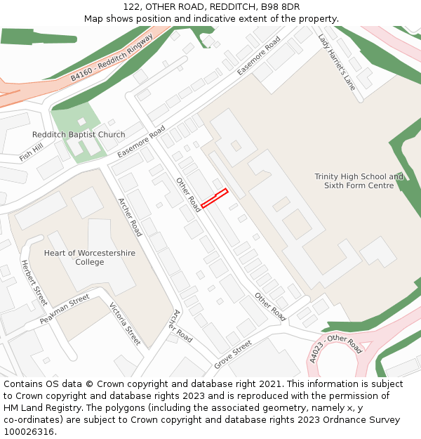 122, OTHER ROAD, REDDITCH, B98 8DR: Location map and indicative extent of plot