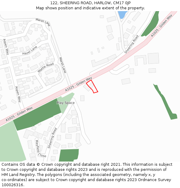 122, SHEERING ROAD, HARLOW, CM17 0JP: Location map and indicative extent of plot