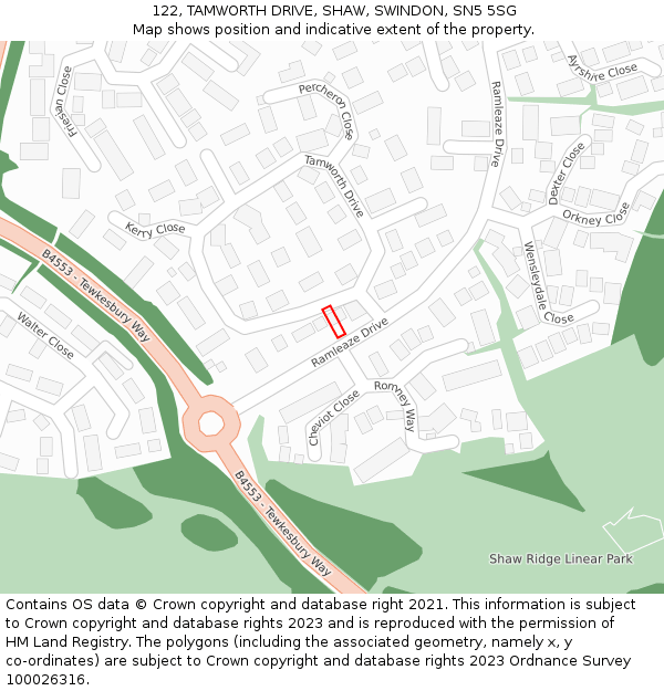 122, TAMWORTH DRIVE, SHAW, SWINDON, SN5 5SG: Location map and indicative extent of plot