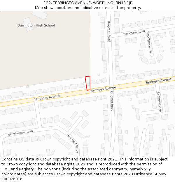 122, TERRINGES AVENUE, WORTHING, BN13 1JP: Location map and indicative extent of plot