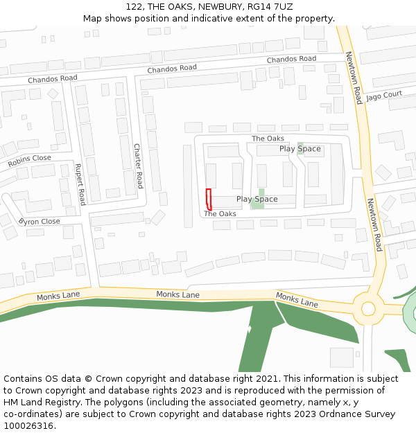 122, THE OAKS, NEWBURY, RG14 7UZ: Location map and indicative extent of plot
