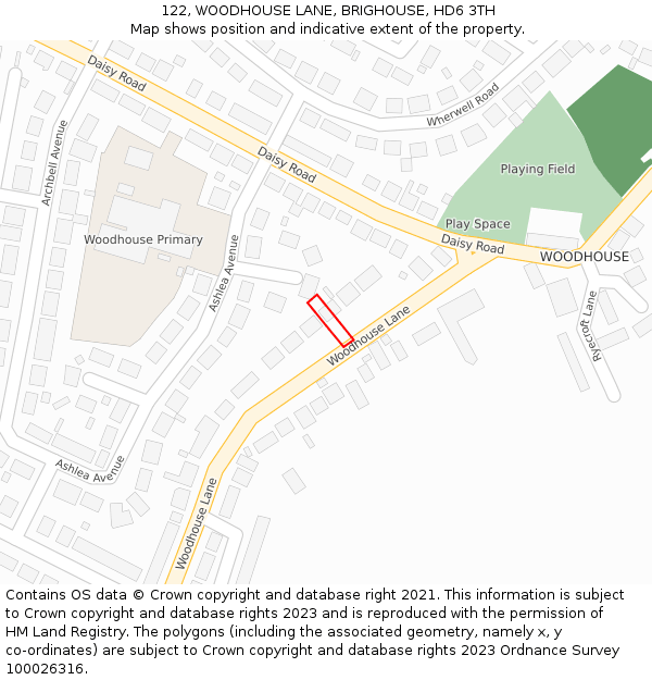 122, WOODHOUSE LANE, BRIGHOUSE, HD6 3TH: Location map and indicative extent of plot
