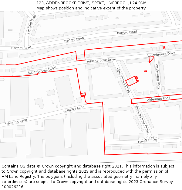 123, ADDENBROOKE DRIVE, SPEKE, LIVERPOOL, L24 9NA: Location map and indicative extent of plot