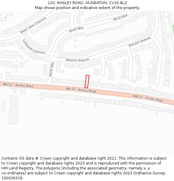 123, ANSLEY ROAD, NUNEATON, CV10 8LZ: Location map and indicative extent of plot