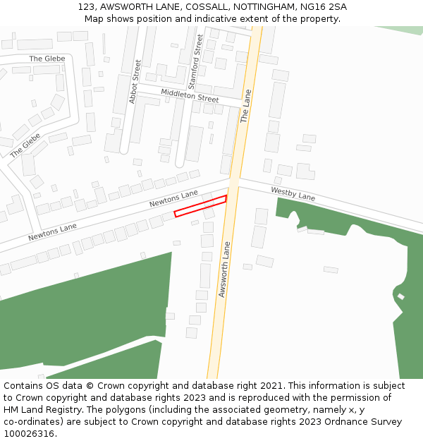 123, AWSWORTH LANE, COSSALL, NOTTINGHAM, NG16 2SA: Location map and indicative extent of plot