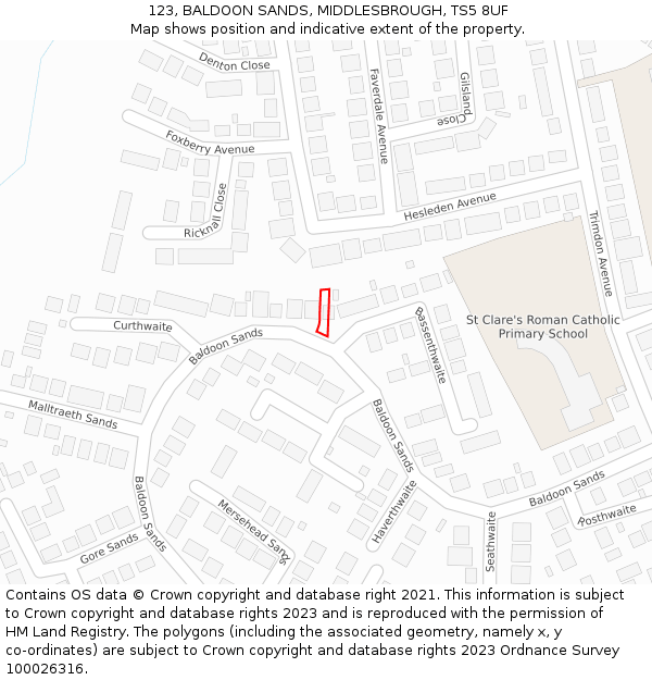 123, BALDOON SANDS, MIDDLESBROUGH, TS5 8UF: Location map and indicative extent of plot