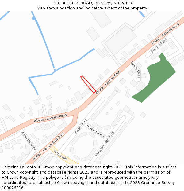 123, BECCLES ROAD, BUNGAY, NR35 1HX: Location map and indicative extent of plot