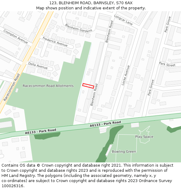 123, BLENHEIM ROAD, BARNSLEY, S70 6AX: Location map and indicative extent of plot