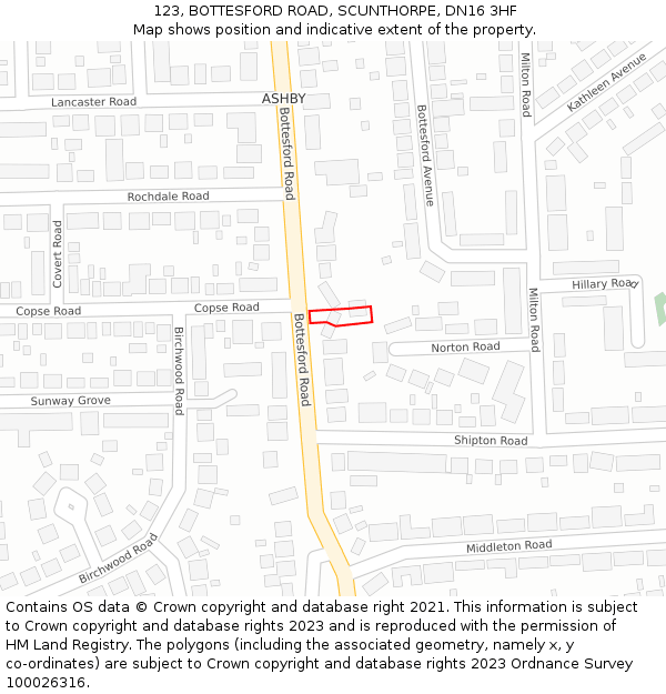123, BOTTESFORD ROAD, SCUNTHORPE, DN16 3HF: Location map and indicative extent of plot
