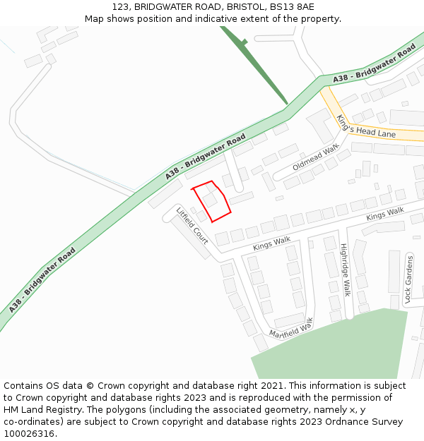 123, BRIDGWATER ROAD, BRISTOL, BS13 8AE: Location map and indicative extent of plot